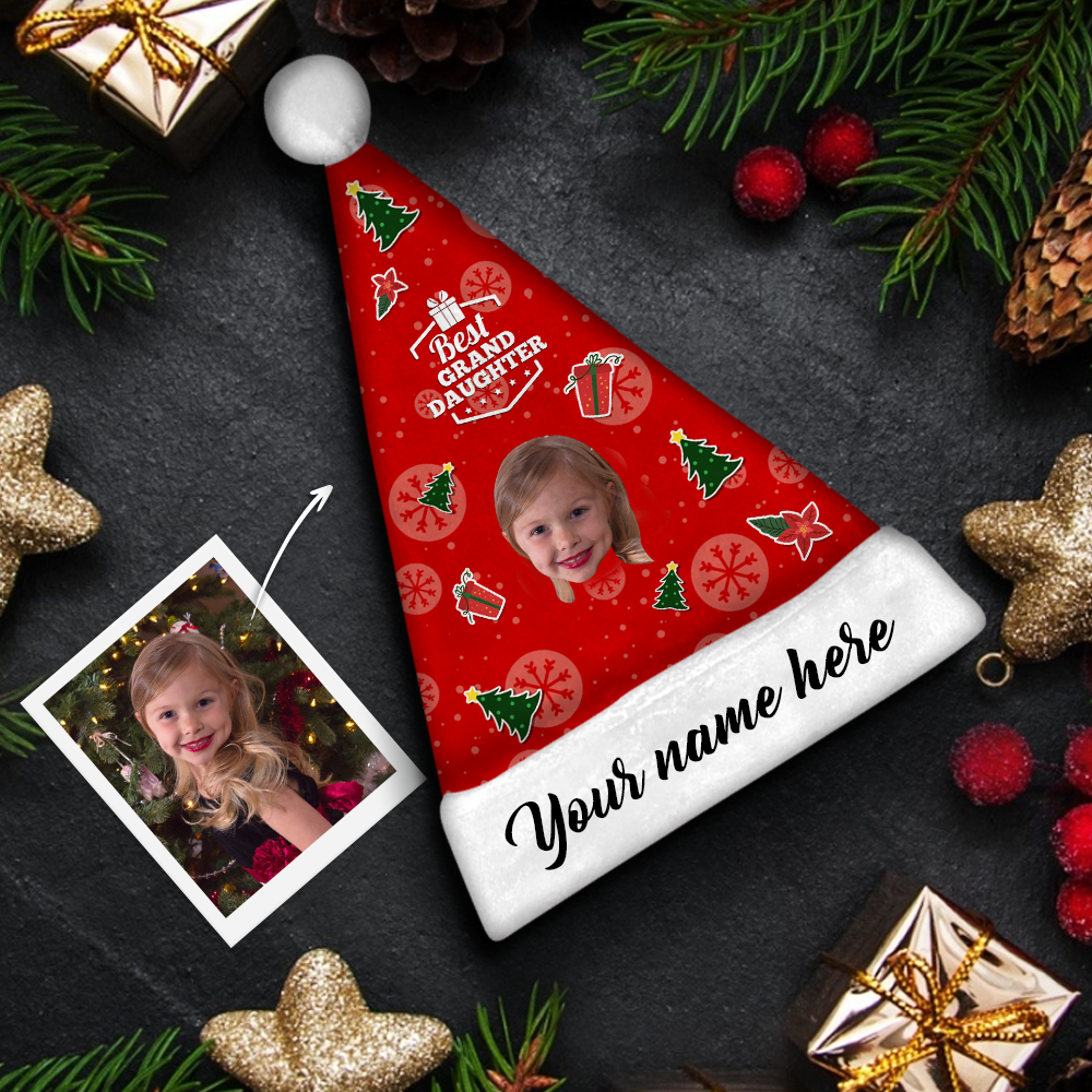 Plush Velvet My Face & Name Personalized Best Granddaughter "Merry Christmas" Santa Hat - For Man, Woman, Kid