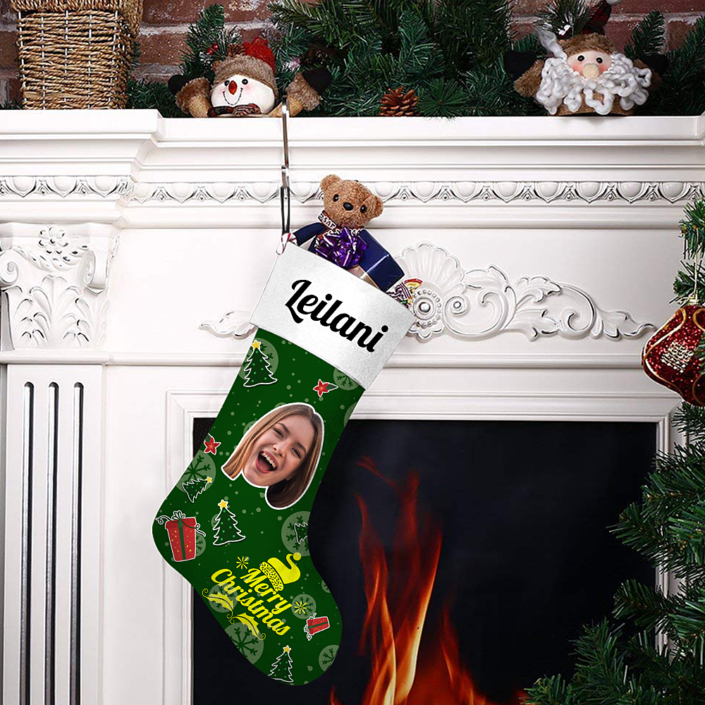 My Name & Face Personalized Merry Christmas Green Stockings - For Man, Woman, Kid