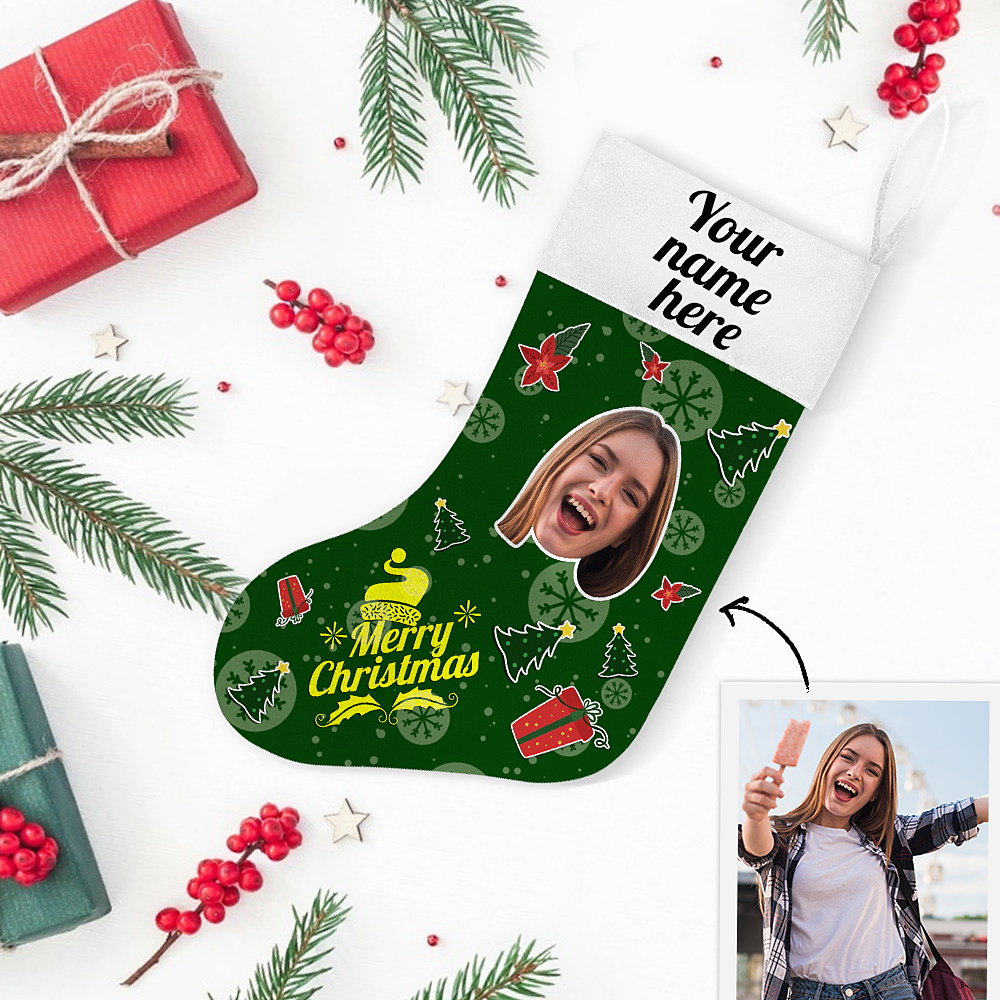 My Name & Face Personalized Merry Christmas Green Stockings - For Man, Woman, Kid