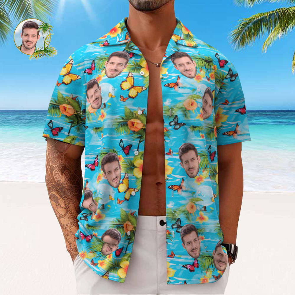 Chemise Hawaïenne Pour Hommes Avec Visage Personnalisé Imprimé Papillons, Fleurs Et Feuilles Jaunes - VisageChaussettes