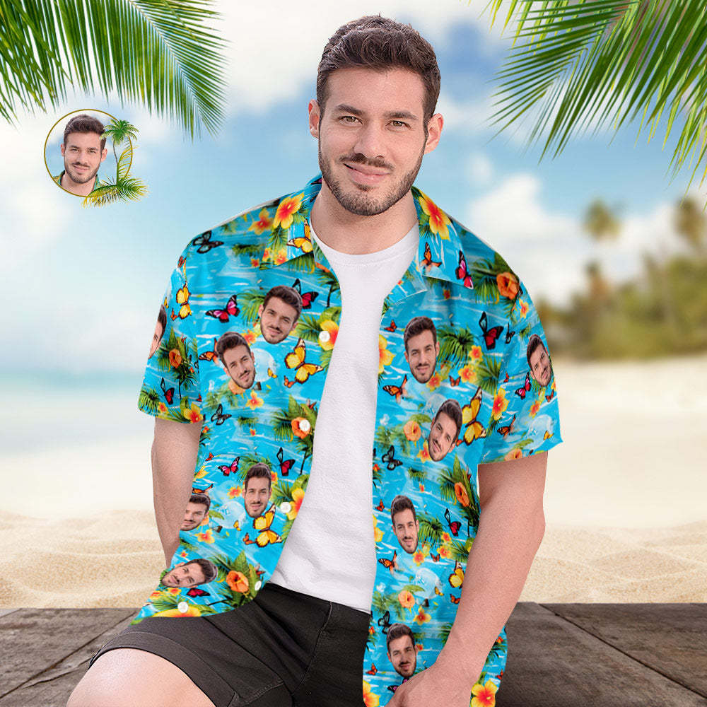 Chemise Hawaïenne Pour Hommes Avec Visage Personnalisé Imprimé Papillons, Fleurs Et Feuilles Jaunes - VisageChaussettes