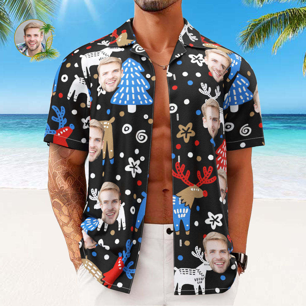 Chemises Hawaïennes Avec Visage Personnalisé, Cadeau Photo Personnalisé, Chemises De Noël Pour Hommes, Renne De Noël - VisageChaussettes
