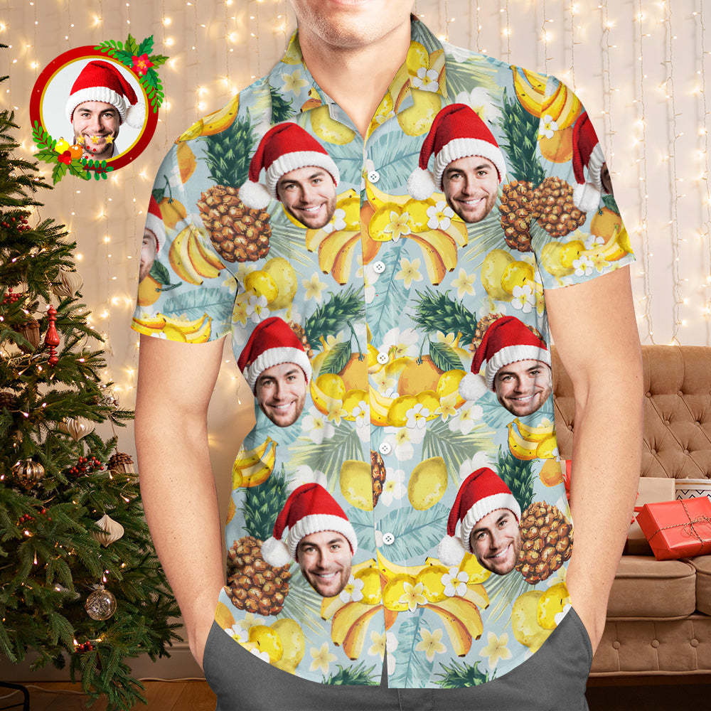 Chemises Hawaïennes Avec Visage Personnalisé, Cadeau Photo Personnalisé, Chemises De Noël Pour Hommes, Fruits Tropicaux - VisageChaussettes
