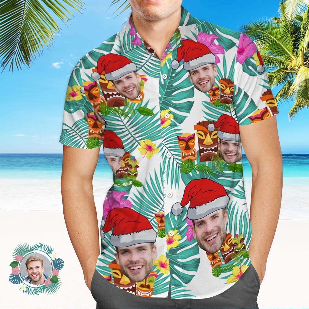 Chemises Hawaïennes Avec Visage Personnalisé, Cadeau Avec Photo Et Nom Pour Hommes, Chemises De Noël, Cadeaux De Joyeux Noël - VisageChaussettes