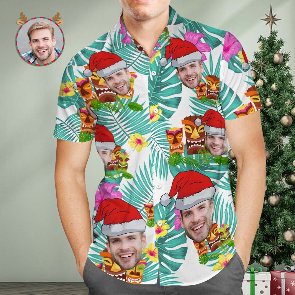 Chemises Hawaïennes Avec Visage Personnalisé, Cadeau Avec Photo Et Nom Pour Hommes, Chemises De Noël, Cadeaux De Joyeux Noël - VisageChaussettes