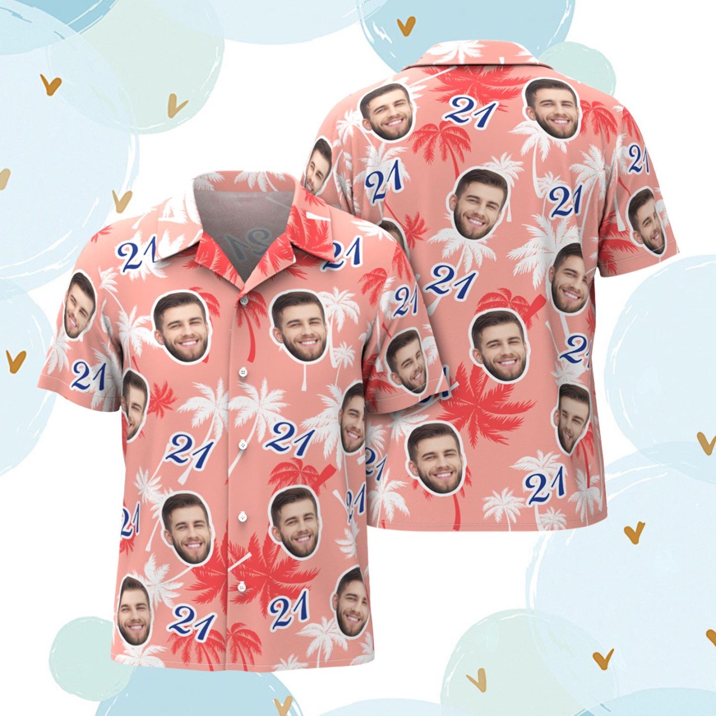 Chemises Hawaïennes D'anniversaire Personnalisées Avec Visage Et Numéro, Chemise En Cocotier Rouge Et Blanc - VisageChaussettes