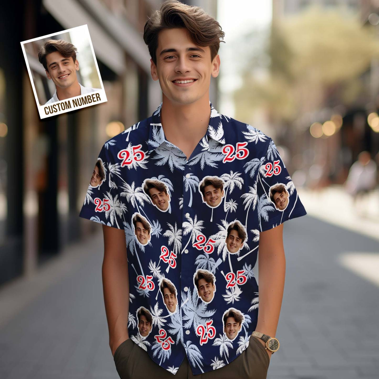Chemises Hawaïennes Personnalisées Avec Visage Et Numéro D'anniversaire, Cadeau D'anniversaire Pour La Fête Des Pères, Chemise En Cocotier Rouge Et Blanc - VisageChaussettes