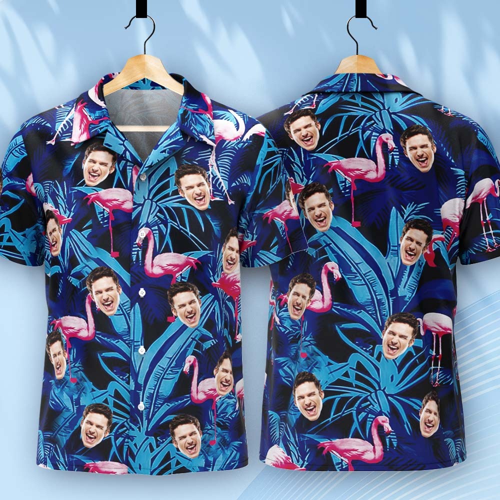 Chemise Hawaïenne Avec Visage Personnalisé, Chemise Hawaïenne Avec Photo De Flamant Rose À Feuilles Bleues - MyFaceSocksFR