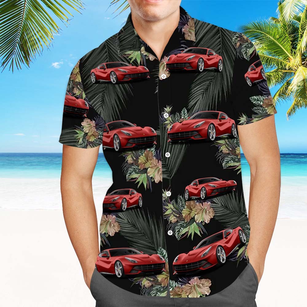 Chemise Hawaïenne Avec Visage Personnalisé, Feuilles Noires D'été, Visage D'amant De Voiture, Chemise Hawaïenne - MyFaceSocksFR