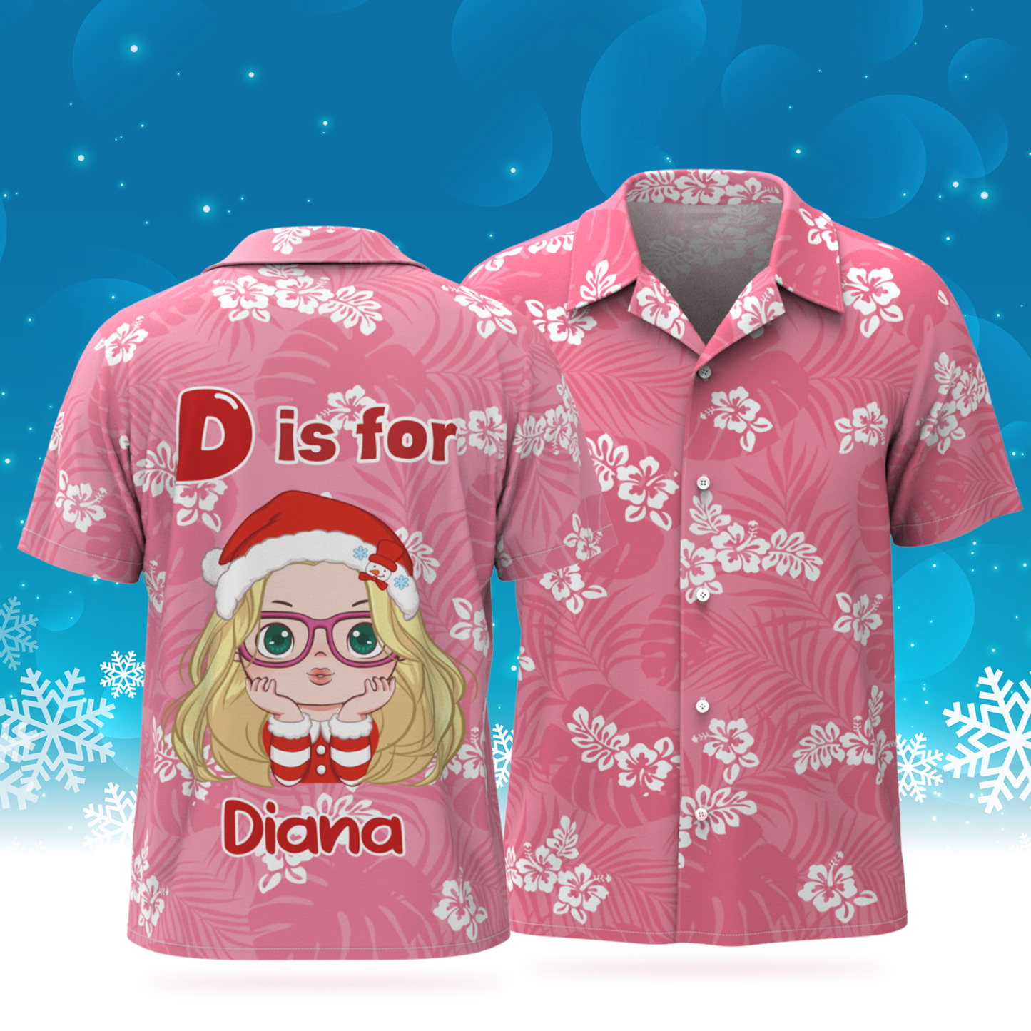 Aperçu De La Chemise Hawaïenne Personnalisée Avec Personnage De Dessin Animé Chemise Hawaïenne Personnalisée Avec Visage De Noël Et Vacances À La Plage - MyFaceSocksFR