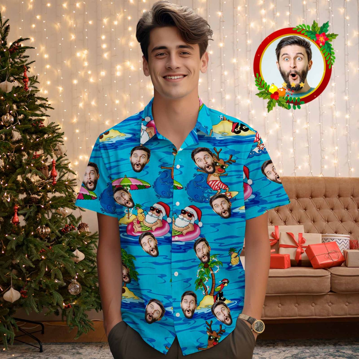 Chemise Hawaïenne Pour Hommes Avec Visage Personnalisé Chemise Hawaïenne De Noël Personnalisée Pour Les Vacances À La Plage Du Père Noël - MyFaceSocksFR