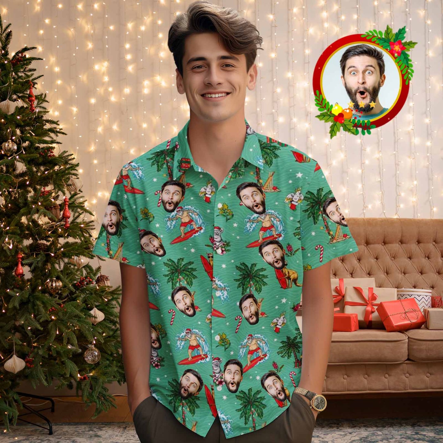 Chemise Hawaïenne Pour Hommes Avec Visage Personnalisé Chemise Hawaïenne De Noël Personnalisée Pour Les Vacances À La Plage Du Père Noël - MyFaceSocksFR