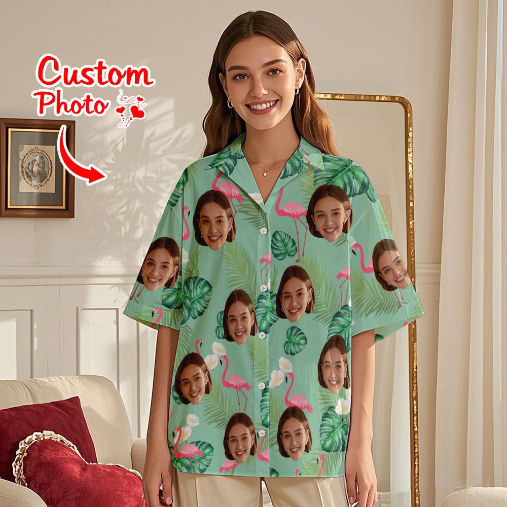 Personnalisé Rouge Couple Flamingo Visage Chemise Hawaïenne Visage Couple Chemise Valentine Cadeau Pour Couple - MyFaceSocksFR