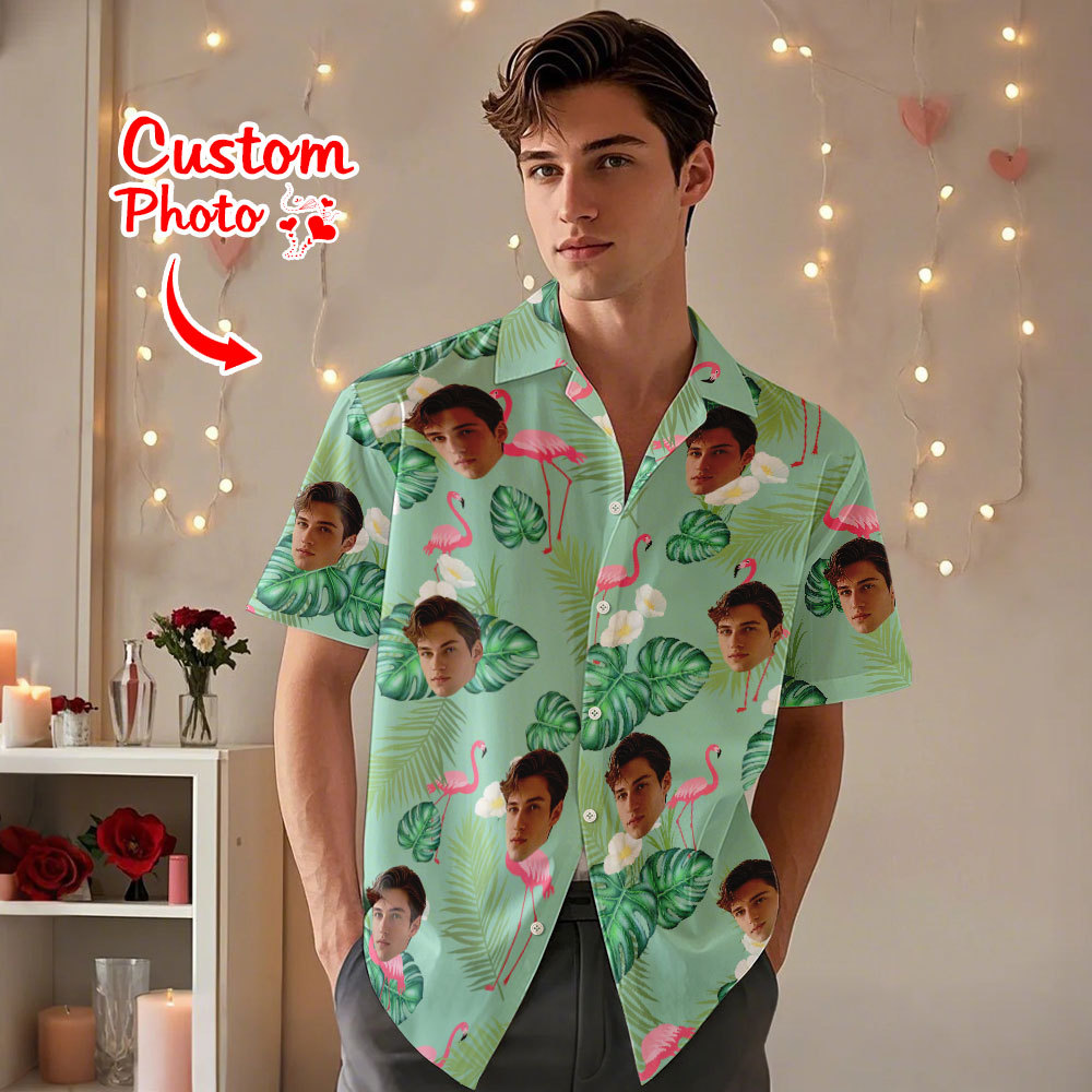 Personnalisé Rouge Couple Flamingo Visage Chemise Hawaïenne Visage Couple Chemise Valentine Cadeau Pour Couple - MyFaceSocksFR
