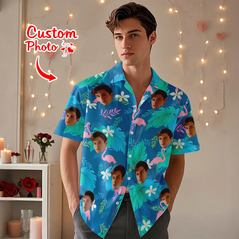 Personnalisé Rouge Couple Flamingo Visage Chemise Hawaïenne Visage Couple Chemise Valentine Cadeau Pour Couple - MyFaceSocksFR