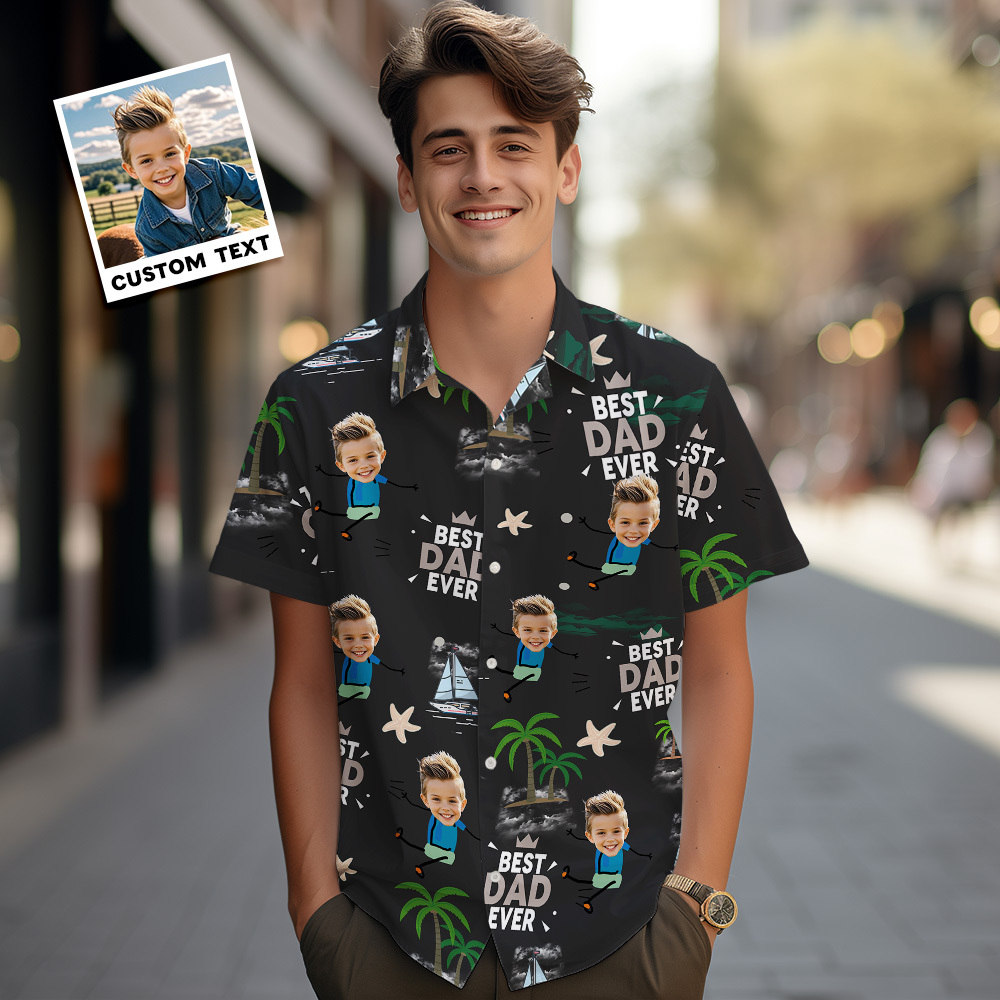 Chemise Hawaïenne Visage Personnalisé Meilleur Papa Jamais Chemise Hawaïenne Bleue Hommes Visage Chemise Hawaïenne Cadeau De Fête Des Pères - MyFaceSocksFR