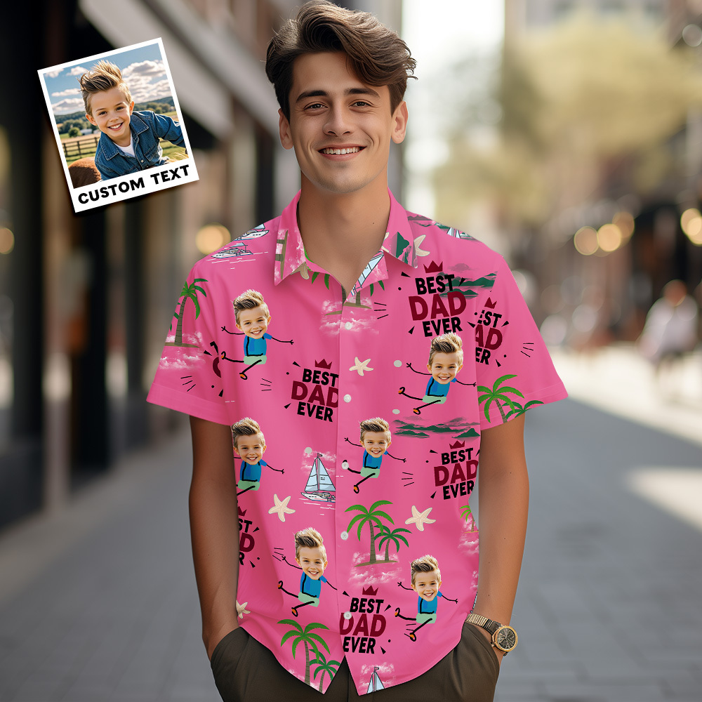 Chemise Hawaïenne Visage Personnalisé Meilleur Papa Jamais Chemise Hawaïenne Bleue Hommes Visage Chemise Hawaïenne Cadeau De Fête Des Pères - MyFaceSocksFR