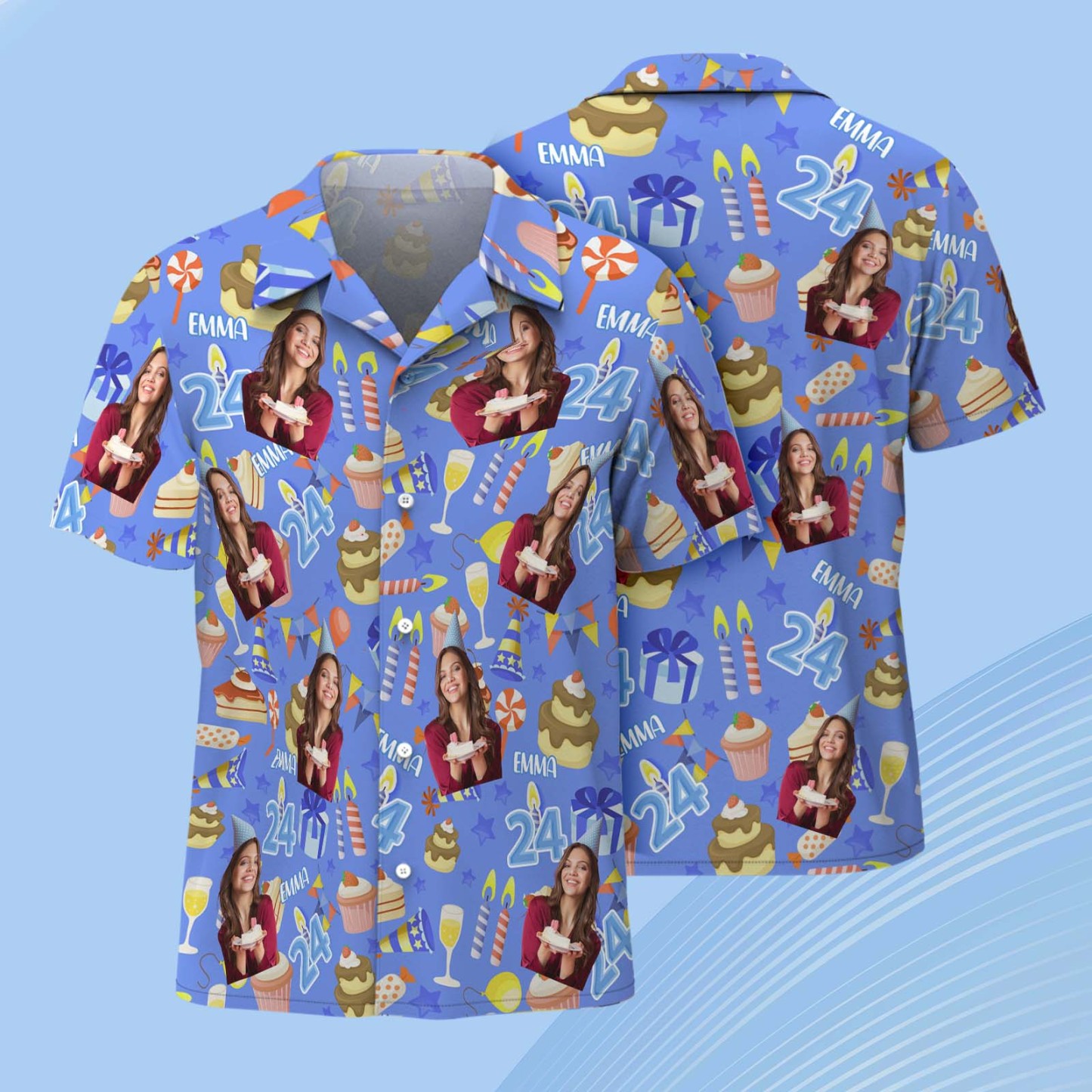 Chemise Hawaïenne Visage Personnalisé Anniversaire Personnalisé Hommes Piscine Bleu Clair Chemise Hawaïenne Cadeau De Fête - MyFaceSocksFR