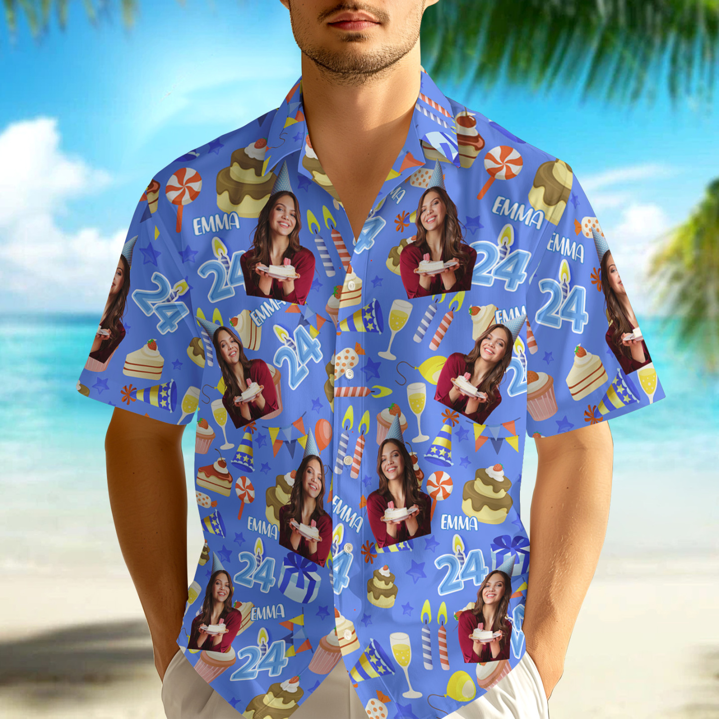 Chemise Hawaïenne Visage Personnalisé Anniversaire Personnalisé Hommes Piscine Bleu Clair Chemise Hawaïenne Cadeau De Fête - MyFaceSocksFR