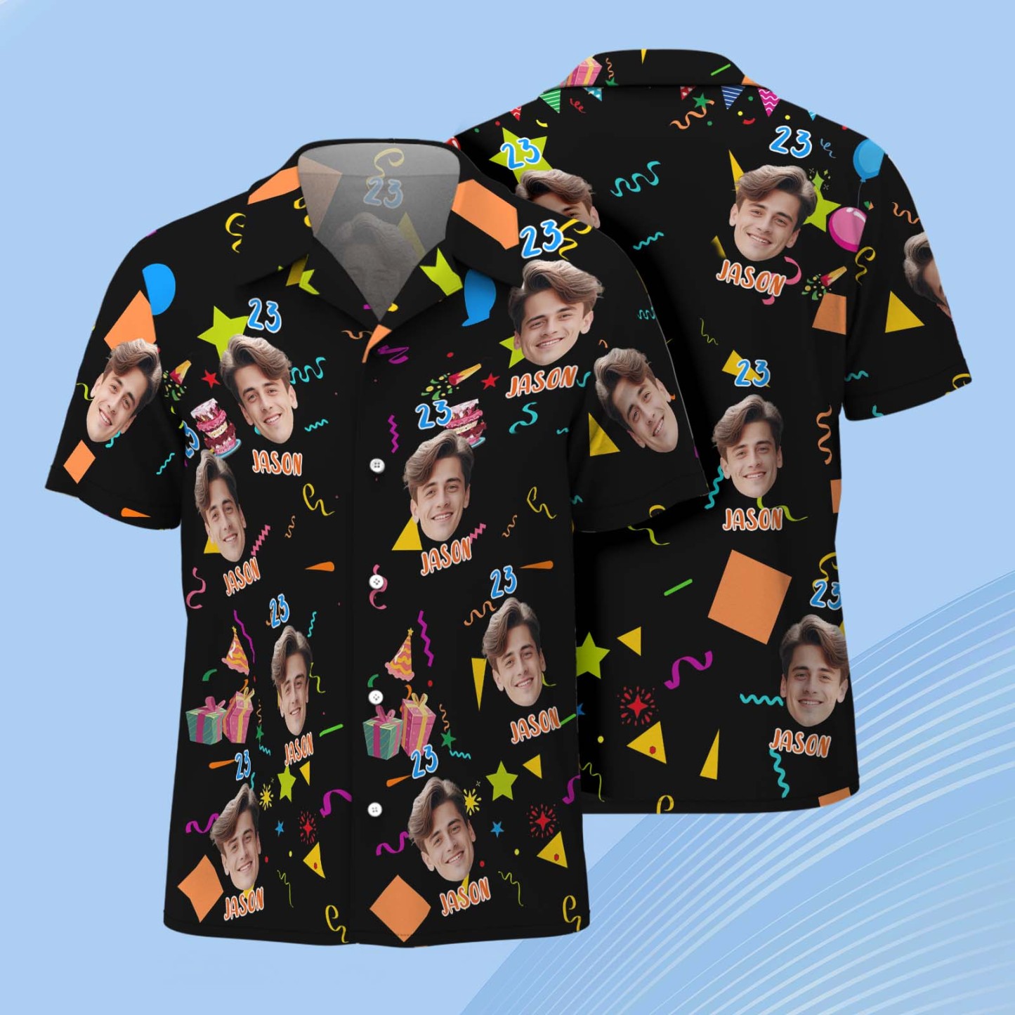 Chemise Hawaïenne Visage Personnalisé Anniversaire Personnalisé Hommes Piscine Bleu Clair Chemise Hawaïenne Cadeau De Fête - MyFaceSocksFR