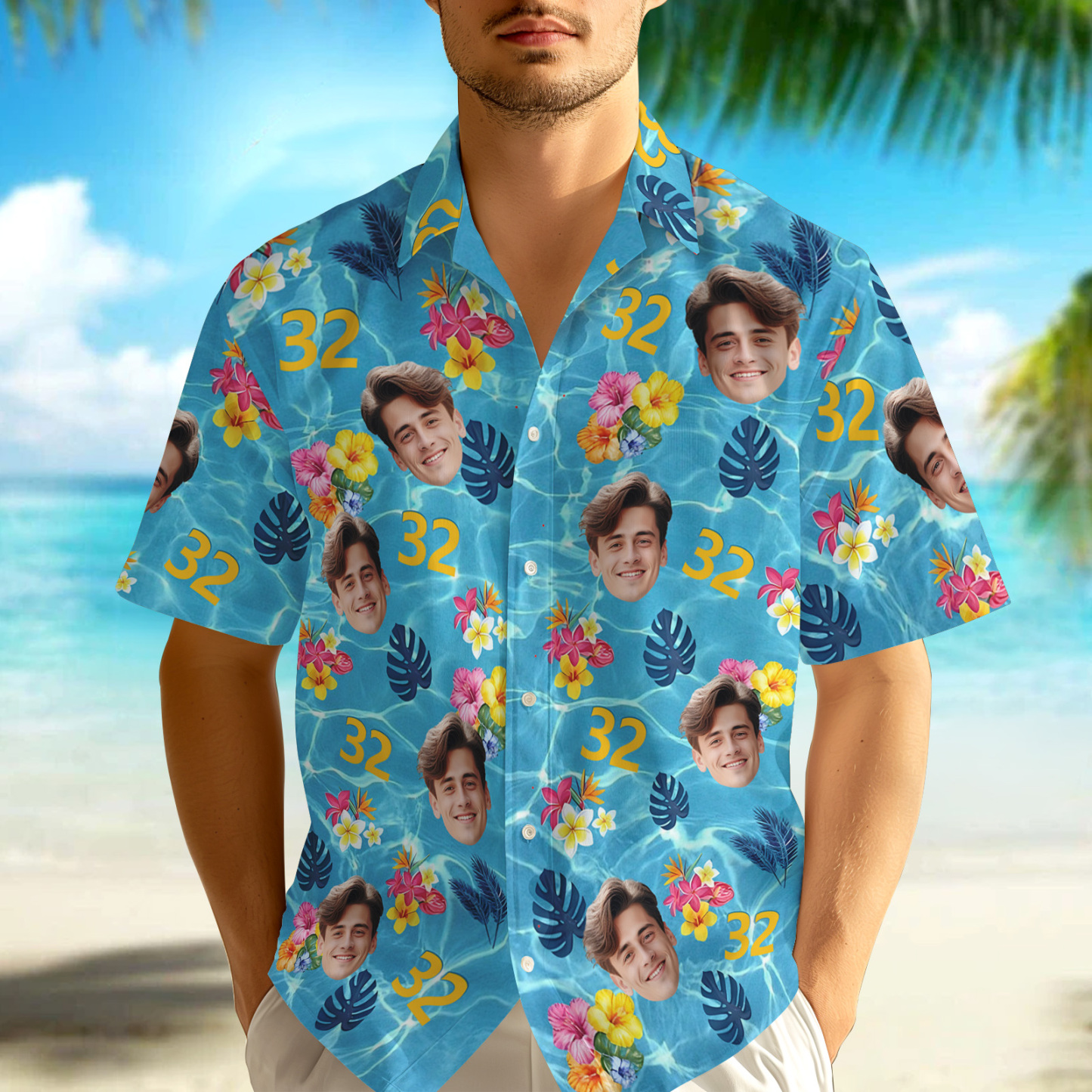 Chemise Hawaïenne Visage Personnalisé Anniversaire Personnalisé Hommes Piscine Bleu Clair Chemise Hawaïenne Cadeau De Fête - MyFaceSocksFR
