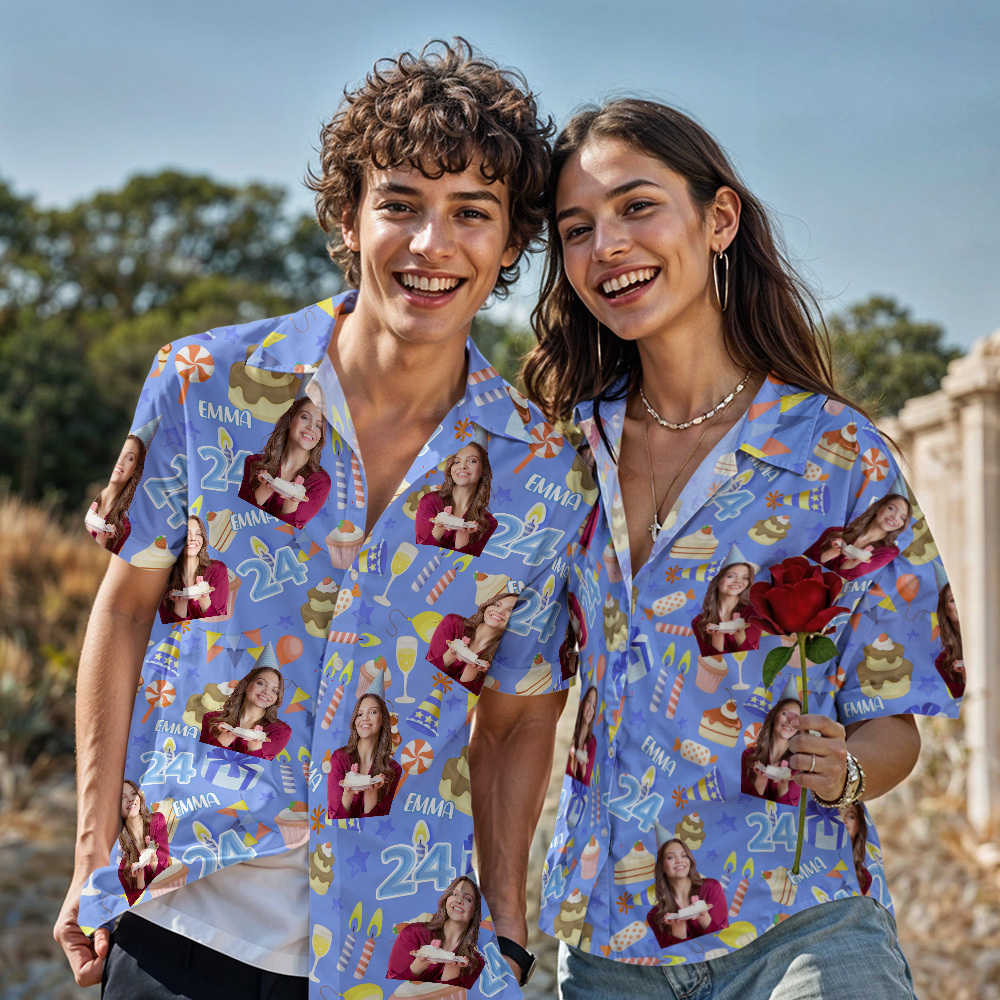 Chemise Hawaïenne Visage Personnalisé Anniversaire Personnalisé Hommes Piscine Bleu Clair Chemise Hawaïenne Cadeau De Fête - MyFaceSocksFR
