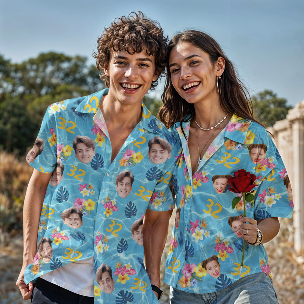 Chemise Hawaïenne Visage Personnalisé Anniversaire Personnalisé Hommes Piscine Bleu Clair Chemise Hawaïenne Cadeau De Fête - MyFaceSocksFR