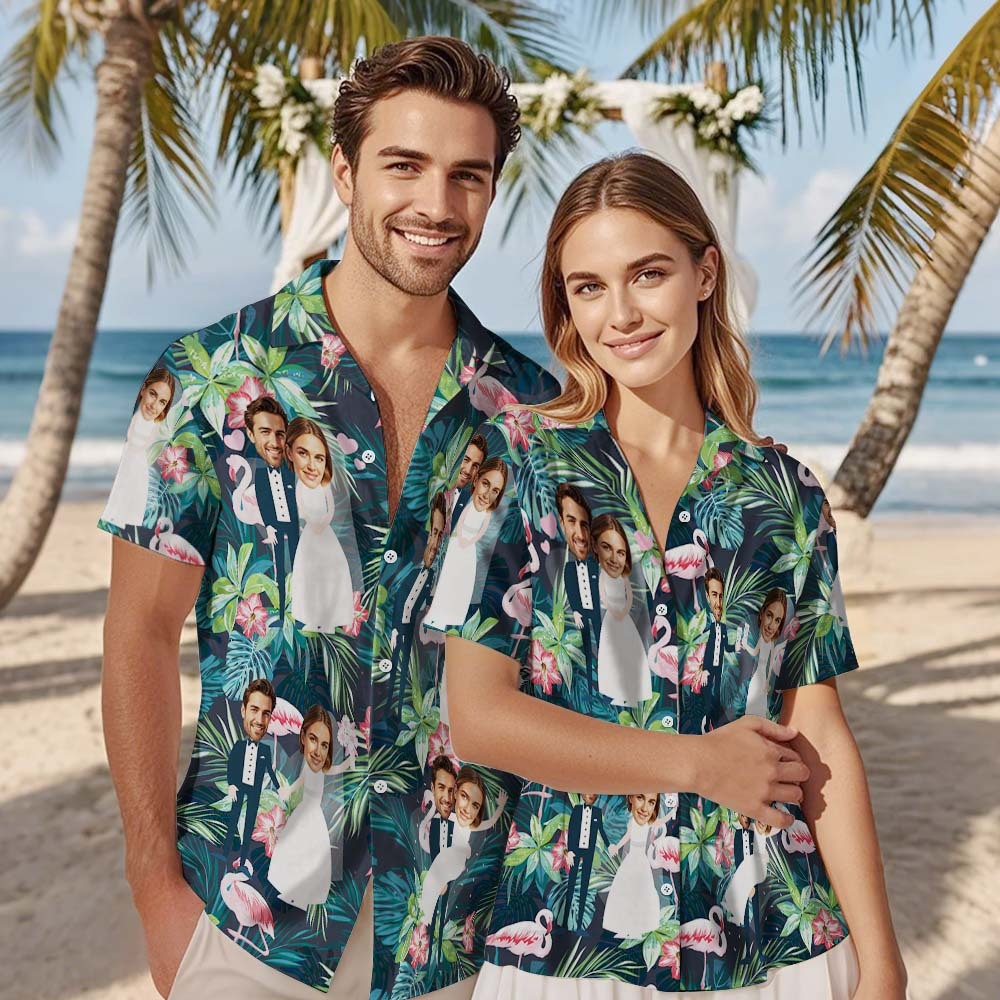 Visage Personnalisé Chemise Hawaïenne Mariage Tropical Vert Flamant Visage Chemise Hawaïenne Faveur De Mariage - MyFaceSocksFR