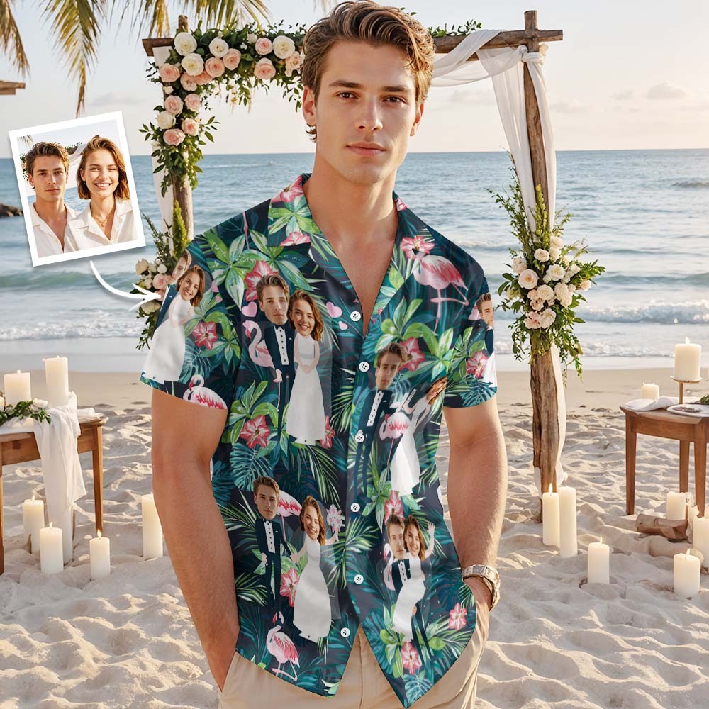 Visage Personnalisé Chemise Hawaïenne Mariage Tropical Vert Flamant Visage Chemise Hawaïenne Faveur De Mariage - MyFaceSocksFR