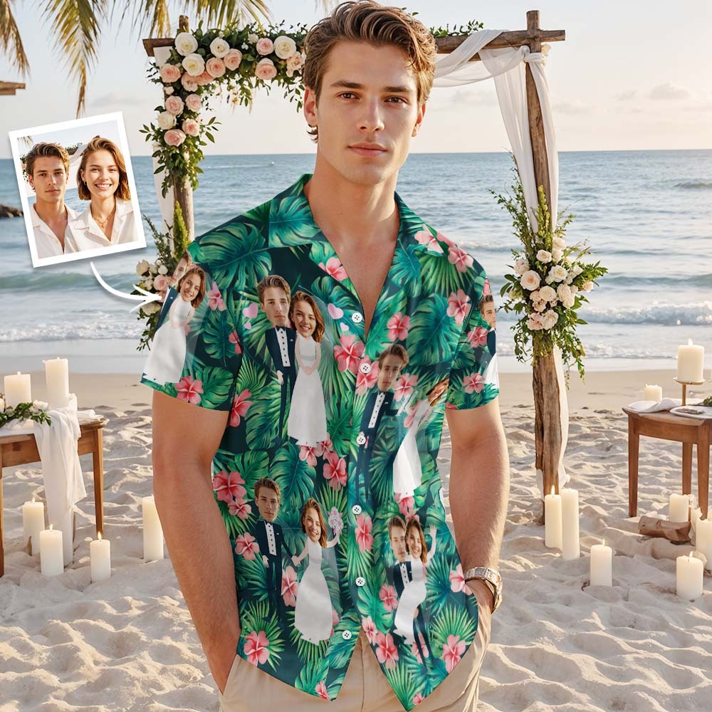 Visage Personnalisé Chemise Hawaïenne Mariage Tropical Vert Flamant Visage Chemise Hawaïenne Faveur De Mariage - MyFaceSocksFR