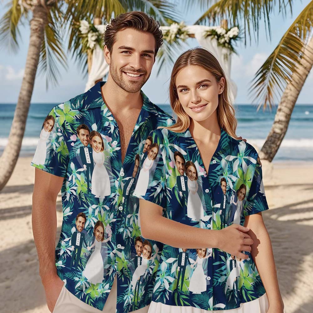 Visage Personnalisé Chemise Hawaïenne Mariage Tropical Vert Flamant Visage Chemise Hawaïenne Faveur De Mariage - MyFaceSocksFR
