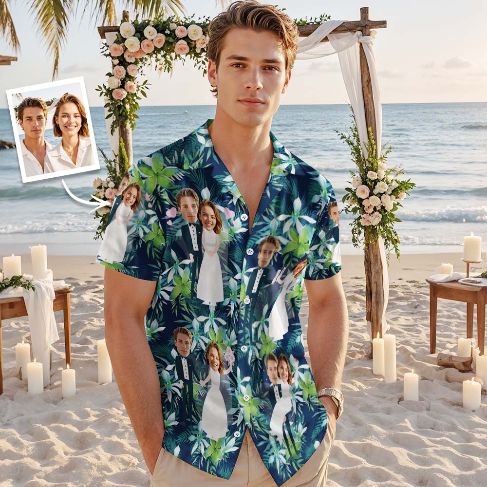 Visage Personnalisé Chemise Hawaïenne Mariage Tropical Vert Flamant Visage Chemise Hawaïenne Faveur De Mariage - MyFaceSocksFR