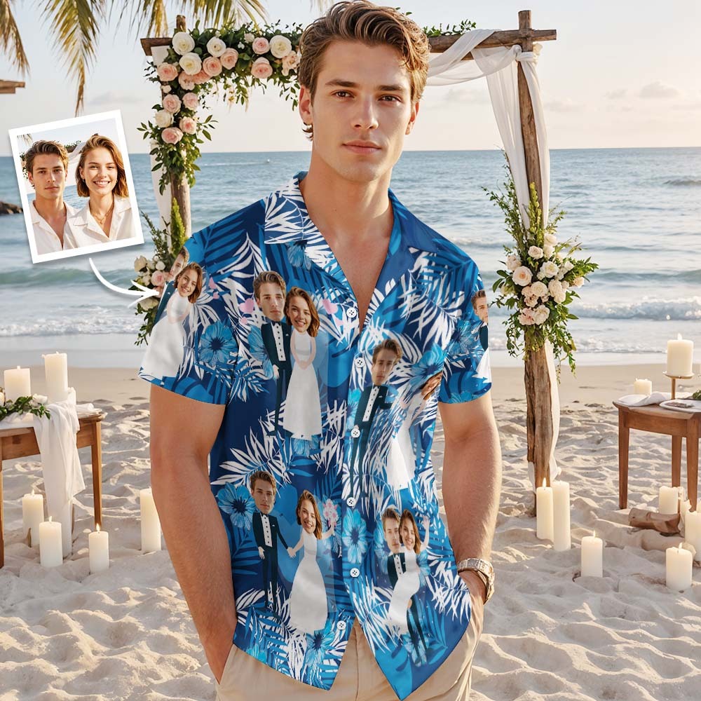 Visage Personnalisé Chemise Hawaïenne Mariage Tropical Vert Flamant Visage Chemise Hawaïenne Faveur De Mariage - MyFaceSocksFR