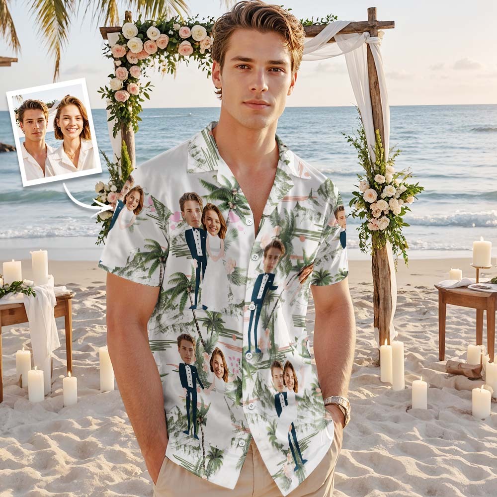 Visage Personnalisé Chemise Hawaïenne Mariage Tropical Vert Flamant Visage Chemise Hawaïenne Faveur De Mariage - MyFaceSocksFR