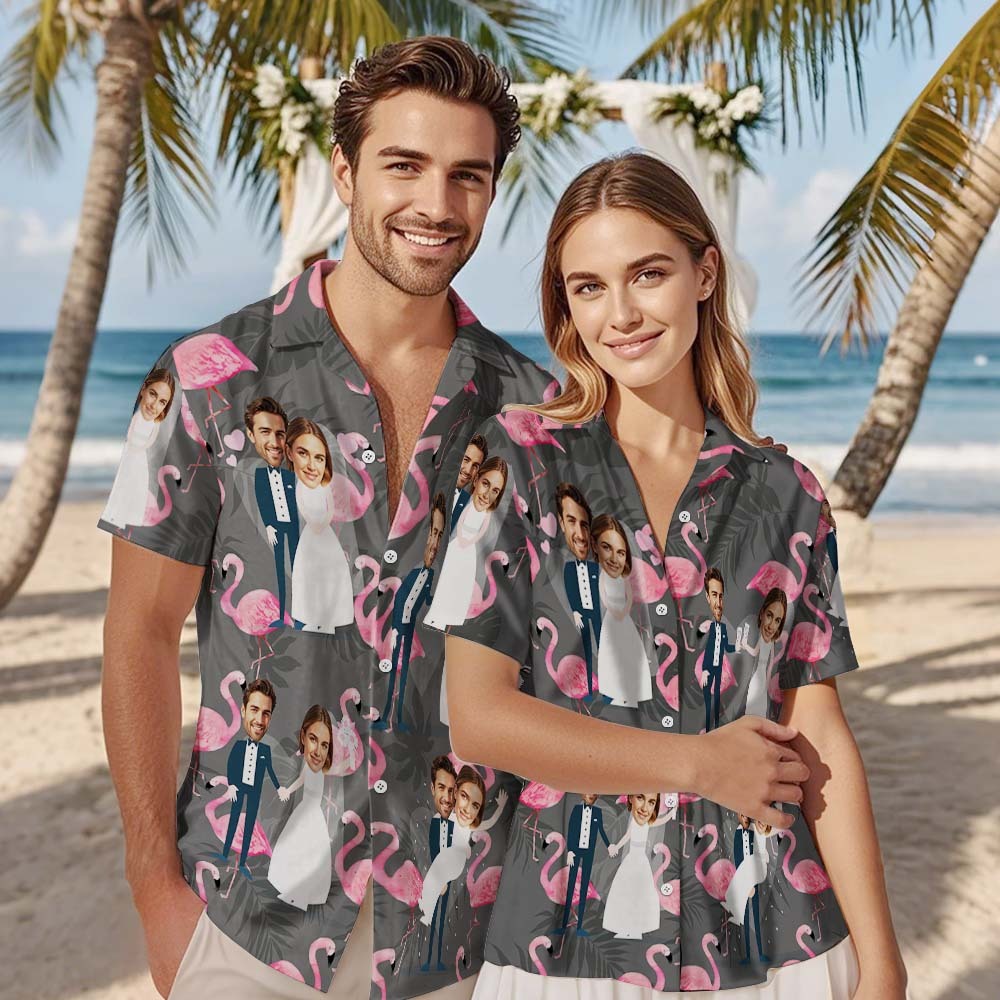 Visage Personnalisé Chemise Hawaïenne Mariage Tropical Vert Flamant Visage Chemise Hawaïenne Faveur De Mariage - MyFaceSocksFR