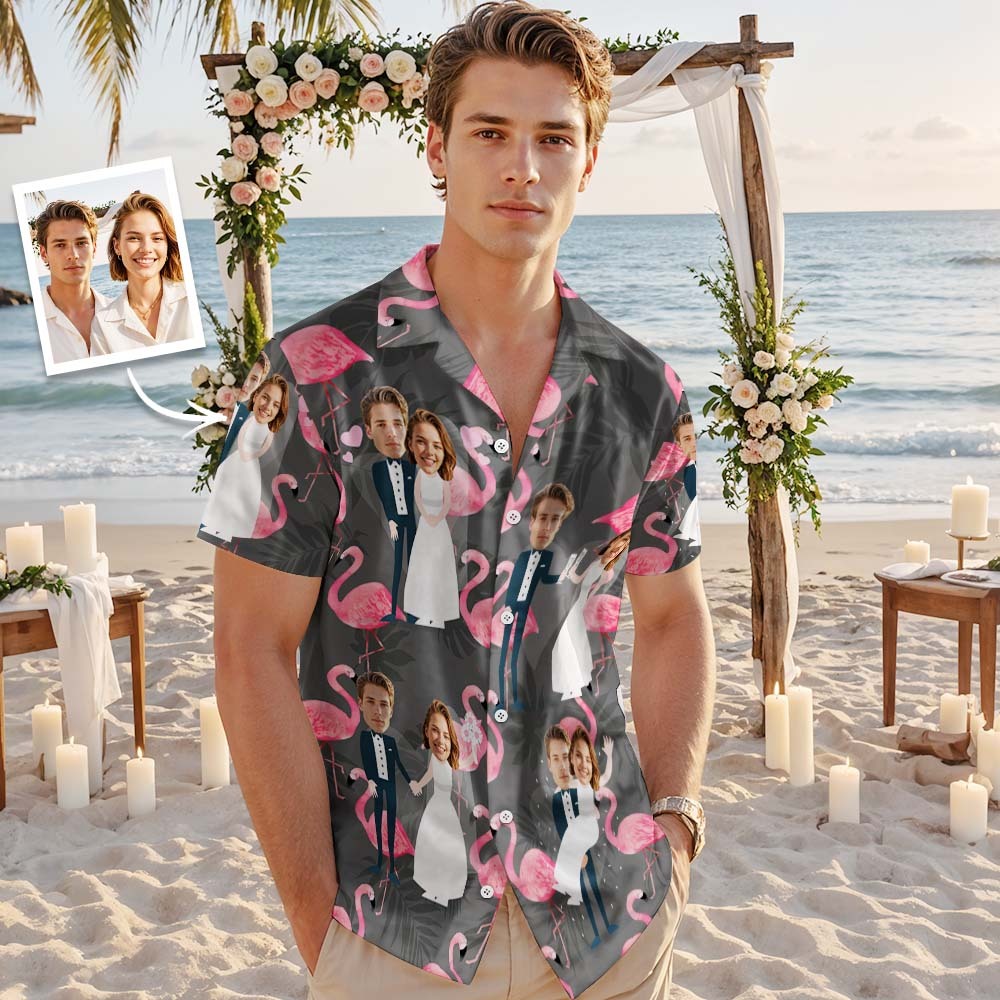 Visage Personnalisé Chemise Hawaïenne Mariage Tropical Vert Flamant Visage Chemise Hawaïenne Faveur De Mariage - MyFaceSocksFR