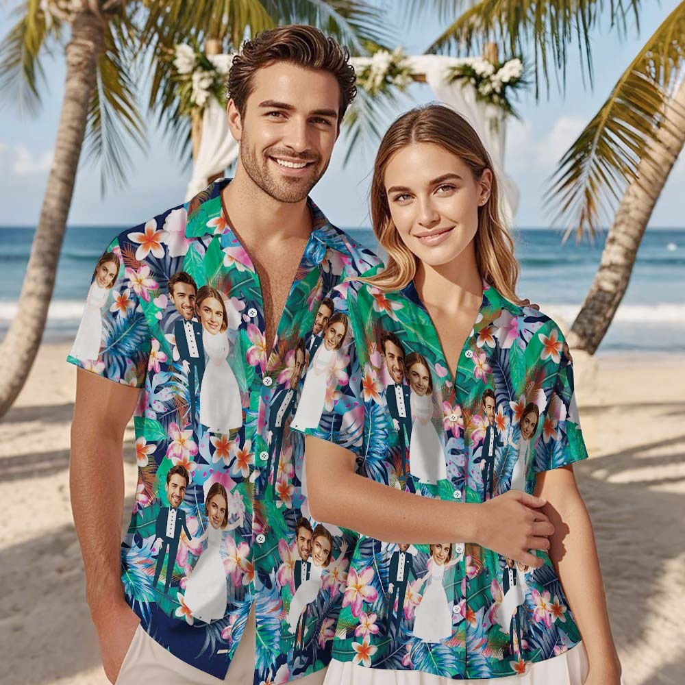 Visage Personnalisé Chemise Hawaïenne Mariage Tropical Vert Flamant Visage Chemise Hawaïenne Faveur De Mariage - MyFaceSocksFR