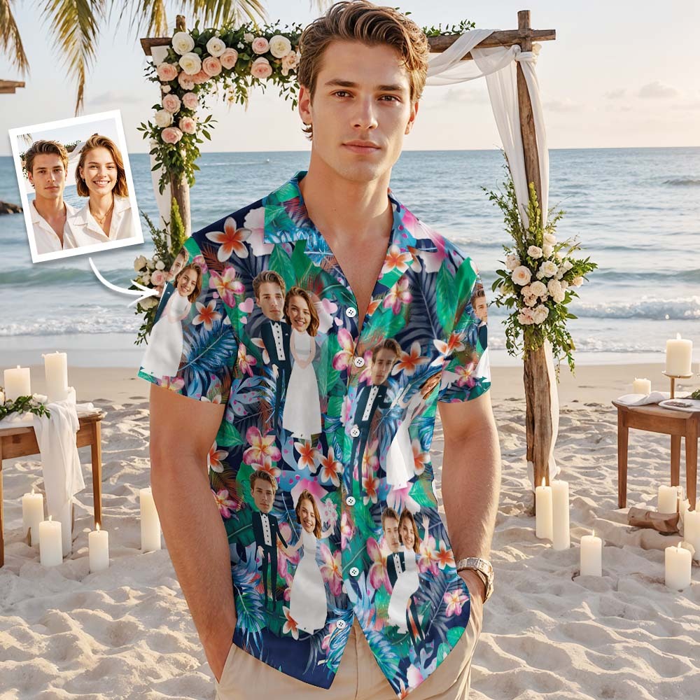 Visage Personnalisé Chemise Hawaïenne Mariage Tropical Vert Flamant Visage Chemise Hawaïenne Faveur De Mariage - MyFaceSocksFR