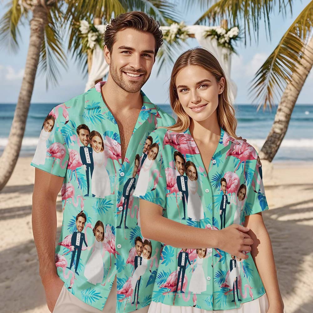 Visage Personnalisé Chemise Hawaïenne Mariage Tropical Vert Flamant Visage Chemise Hawaïenne Faveur De Mariage - MyFaceSocksFR
