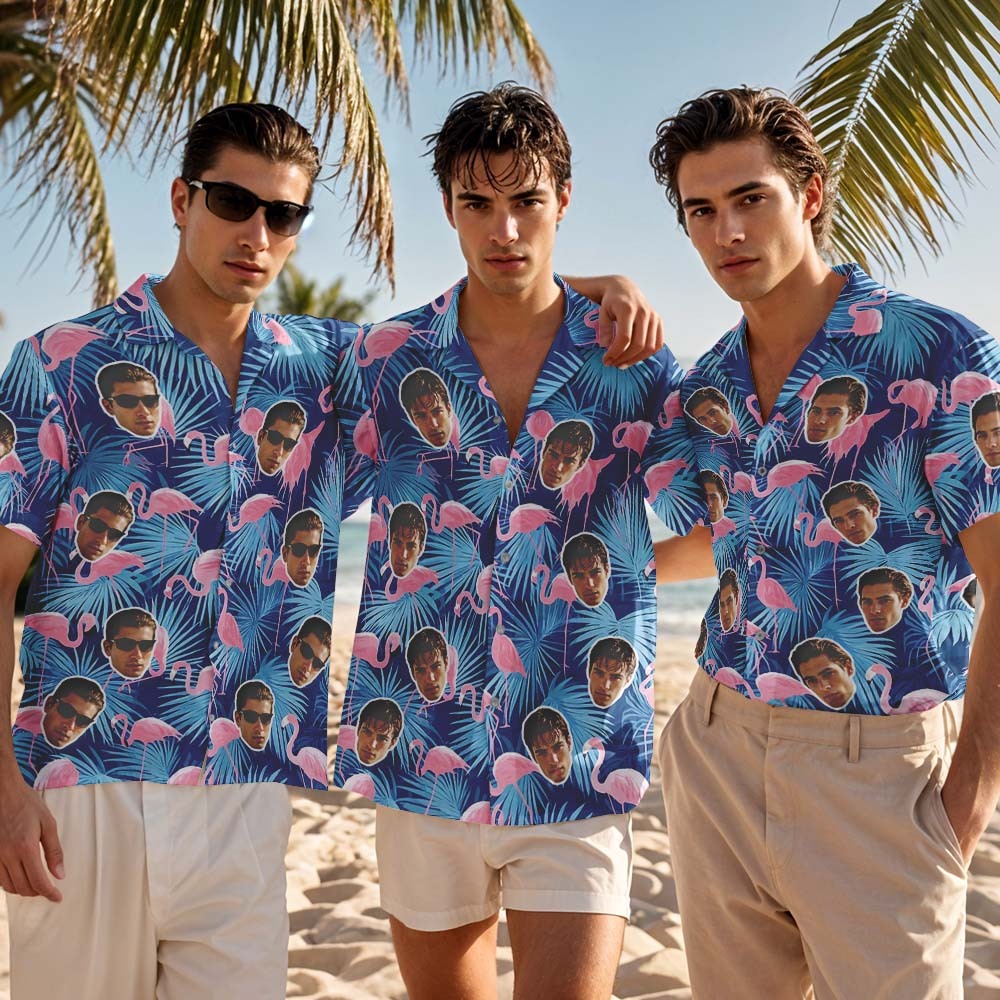 Chemise Hawaïenne Personnalisée Avec Photo De Flamant Rose Et Fleur Bleue, Chemise Hawaïenne Amusante Pour Les Fêtes Et Les Vacances - MyFaceSocksFR
