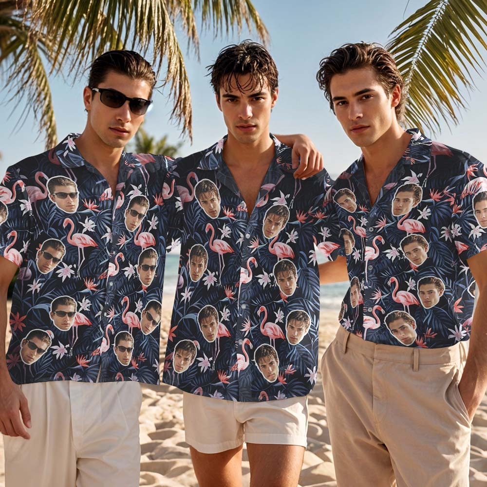 Chemise Hawaïenne Personnalisée Avec Photo De Flamant Rose Et Fleur, Chemise Hawaïenne Bleu Foncé, Chemises De Fête Amusantes Pour Les Vacances - MyFaceSocksFR
