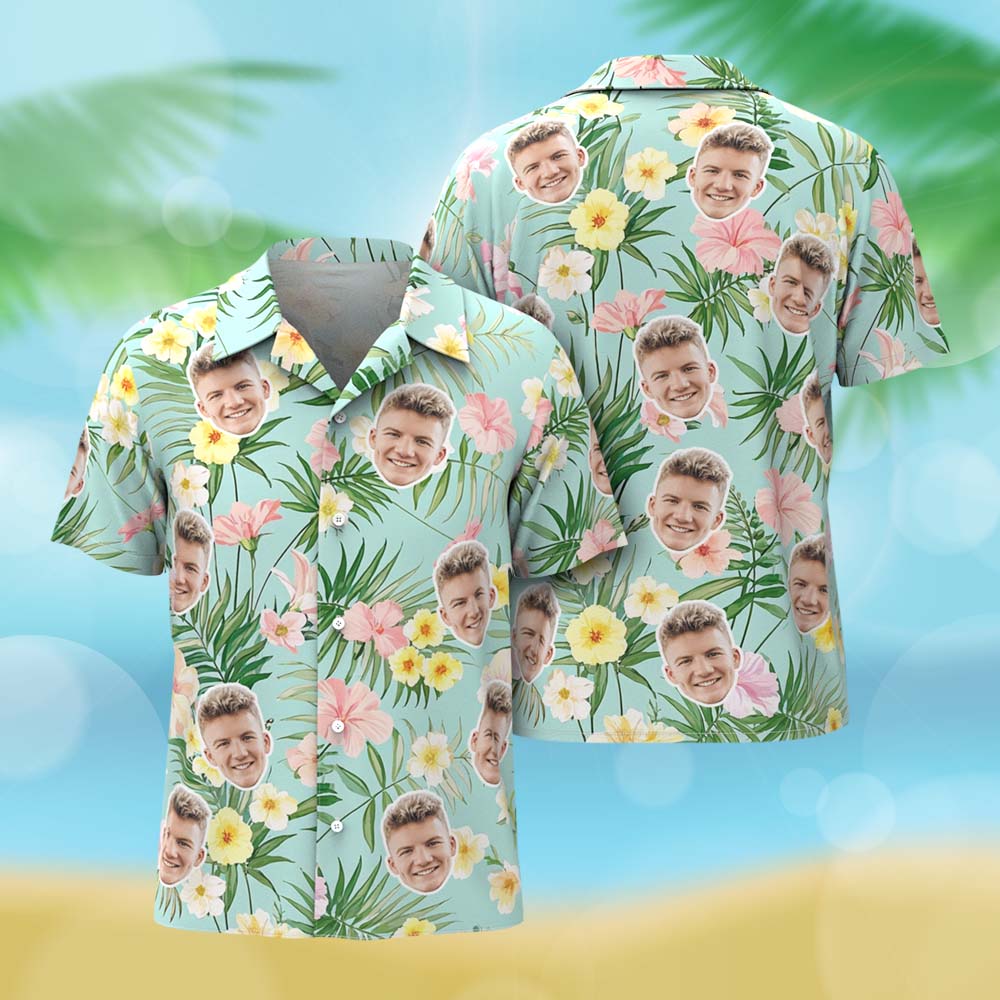 Chemise Hawaïenne Personnalisée Avec Visage De Fleurs Vertes, Chemise Photo Personnalisée Pour Homme, Cadeau Amusant Pour Les Vacances D'été