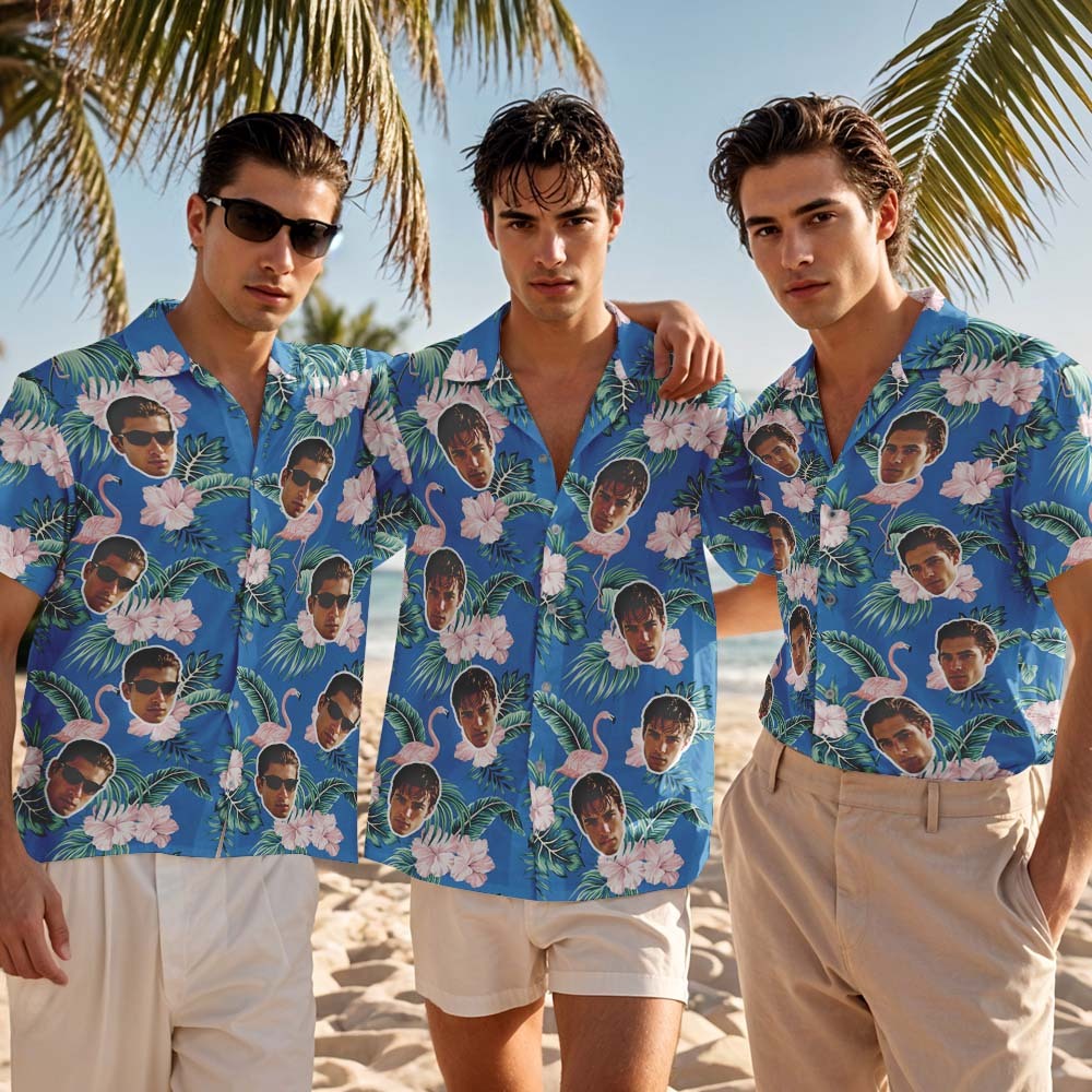 Chemise Hawaïenne Personnalisée Avec Visage, Flamant Rose, Bleu, Chemise Hawaïenne Tropicale Pour Homme, Cadeau D'été - MyFaceSocksFR