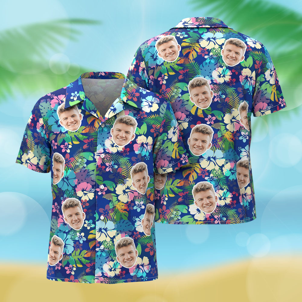 Chemise Hawaïenne Personnalisée Avec Visage, Flamant Rose, Bleu, Chemise Hawaïenne Tropicale Pour Homme, Cadeau D'été - MyFaceSocksFR