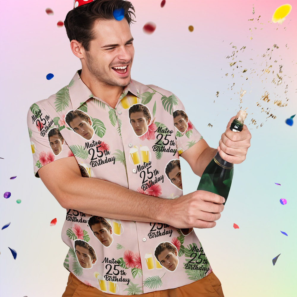 Chemise Hawaïenne D'anniversaire Personnalisée, Nom De Visage Personnalisé, Fête D'anniversaire D'été, Chemise Bleue, Chemise Hawaïenne D'anniversaire Aloha, Cadeau D'anniversaire - MyFaceSocksFR