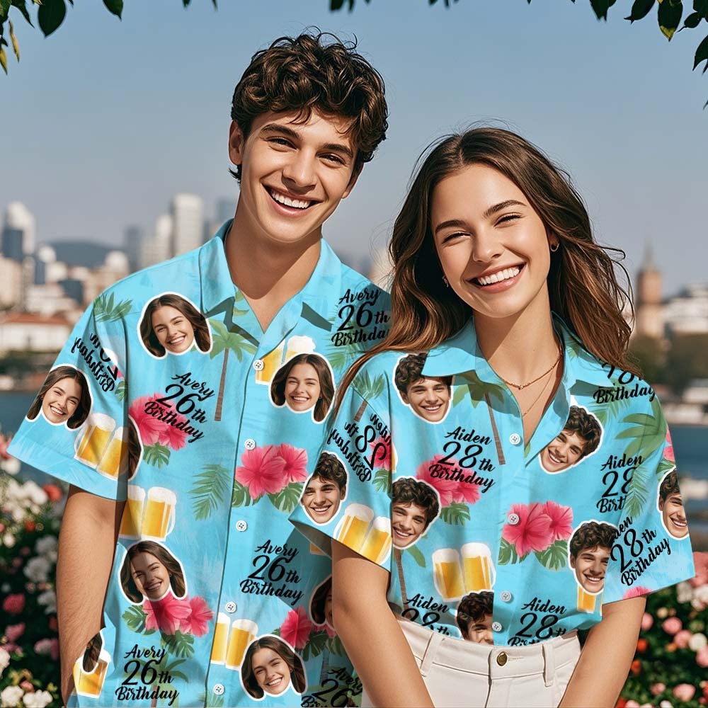 Chemise Hawaïenne Personnalisée Pour Couple D'anniversaire, Nom De Visage Personnalisé, Fête D'anniversaire D'été, Chemise Rose Aloha, Chemise Hawaïenne D'anniversaire, Cadeau D'anniversaire - MyFaceSocksFR