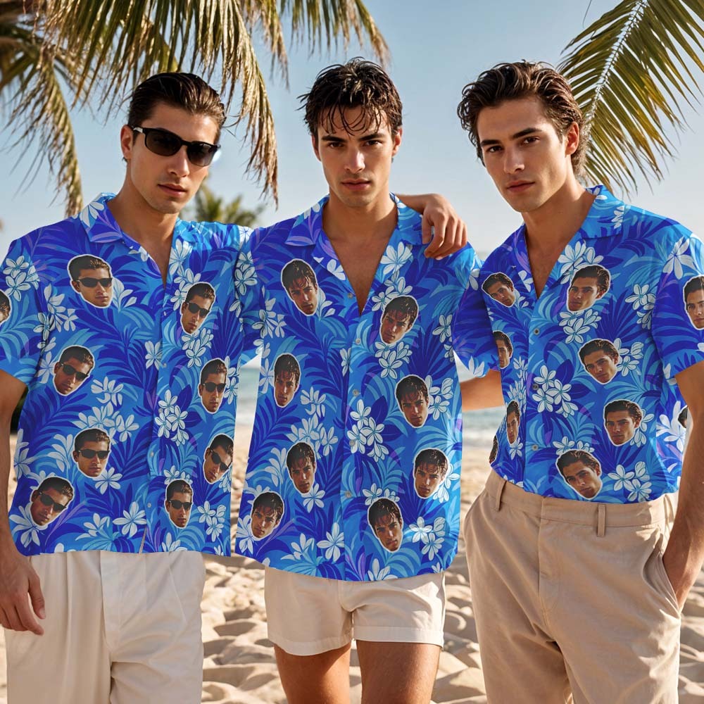 Chemise Hawaïenne Personnalisée Avec Feuilles Bleues, Photo Personnalisée, T-shirt Amusant Pour Les Fêtes De Fin D'année.chemise Hawaïenne Personnalisée Avec Feuilles Bleues, Photo Personnalisée, T-shirt Amusant Pour Les Fêtes De Fin D'année. - MyFaceSocksFR
