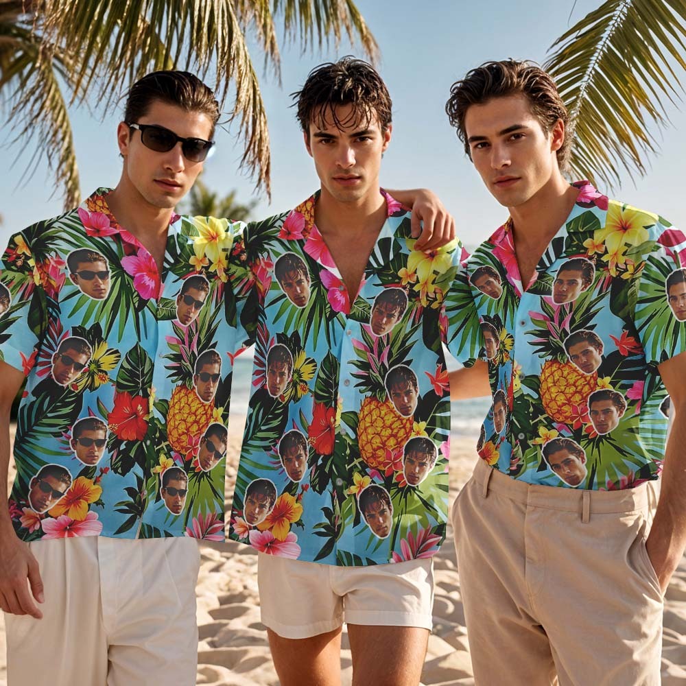 Chemise Hawaïenne Personnalisée Avec Feuilles Bleues, Photo Personnalisée, T-shirt Amusant Pour Les Fêtes De Fin D'année.chemise Hawaïenne Personnalisée Avec Feuilles Bleues, Photo Personnalisée, T-shirt Amusant Pour Les Fêtes De Fin D'année. - MyFaceSocksFR