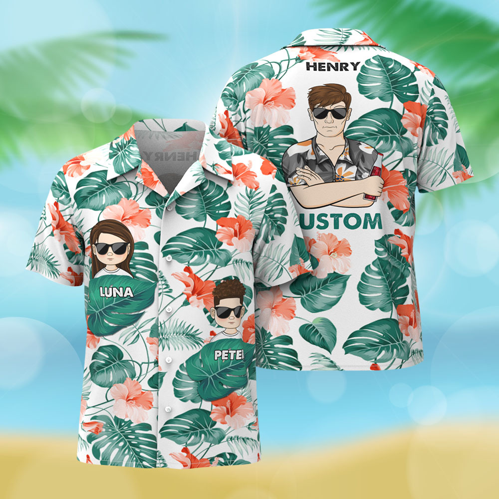 Chemise Hawaïenne Personnalisée Avec Dessin Animé, Cadeau D'anniversaire Idéal Pour Papa, Grand-père, Père, Grand-père, Cadeau Personnalisé Pour La Fête Des Pères - MyFaceSocksFR