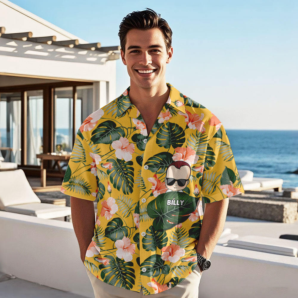 Chemise Hawaïenne Personnalisée Avec Dessin Animé, Cadeau D'anniversaire Idéal Pour Papa, Grand-père, Père, Grand-père, Cadeau Personnalisé Pour La Fête Des Pères - MyFaceSocksFR